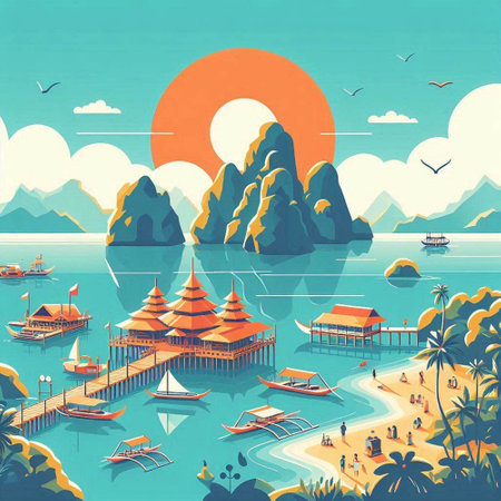 Traveling around the island of Phuket, Thailand. Vector illustrationのイラスト素材