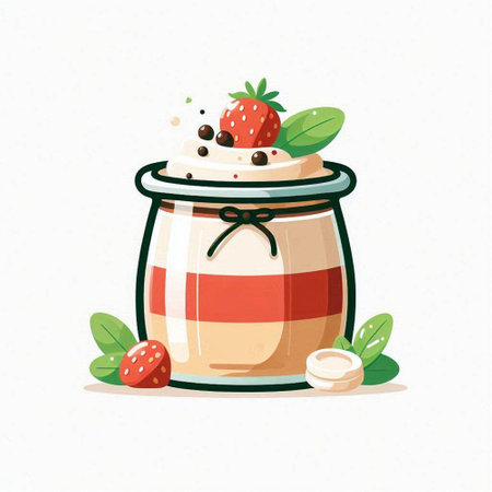 Strawberry yogurt in glass jar with mint leaves. Vector illustration.のイラスト素材