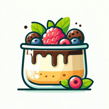 Chocolate cake with berries. Cute dessert. Vector illustration.のイラスト素材