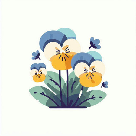 Vector illustration of blue and yellow pansy flowers on a white backgroundのイラスト素材