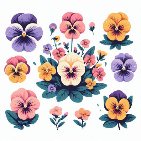 Set of colorful pansy flowers isolated on white background. Vector illustration.のイラスト素材