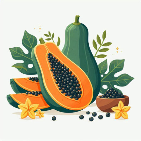 Papaya fruit vector illustration. Fresh ripe papaya with leaves and seeds.のイラスト素材