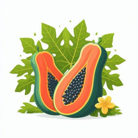 Papaya fruit with leaves and flower isolated on white background. Vector illustration.のイラスト素材
