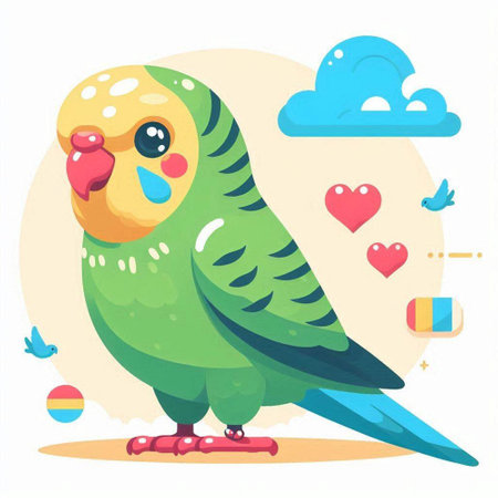 Cute green parrot. Vector illustration in flat cartoon style.のイラスト素材
