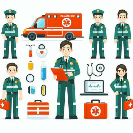 Vector illustration of a group of police and ambulance characters in flat style.のイラスト素材