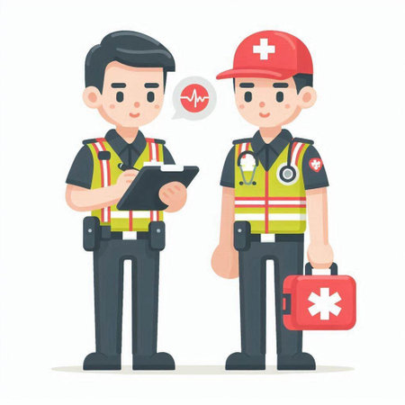 Firefighter and fireman in uniform with first aid kit vector illustration.のイラスト素材
