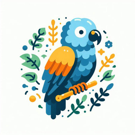 Cute parrot on a branch with leaves. Vector illustration.のイラスト素材