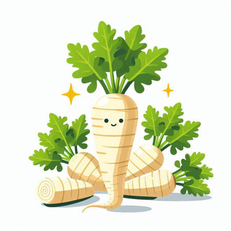 Cartoon parsnip with green leaves isolated on white background. Vector illustration.のイラスト素材