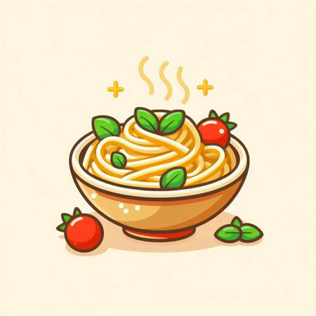 Spaghetti with tomato sauce and basil in a bowl. Vector illustration.のイラスト素材