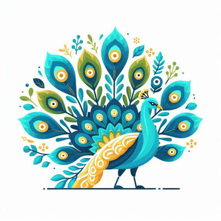 Peacock in a circle of leaves. Vector illustration on white background.のイラスト素材