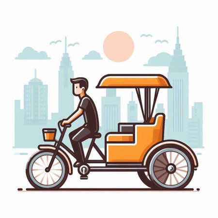 Rickshaw in the city. Vector illustration in flat style.のイラスト素材