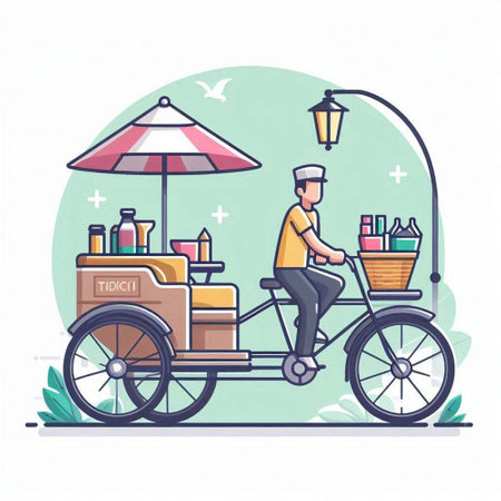 Street food cart with a man on a bicycle. Vector illustration.のイラスト素材