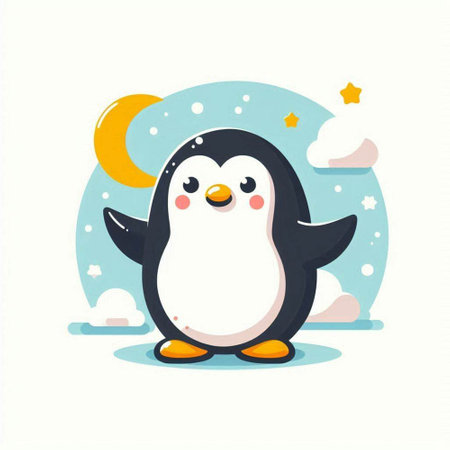 Cute penguin with moon. Vector illustration in cartoon style.のイラスト素材