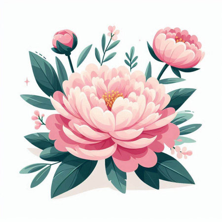 Beautiful pink peony flower bouquet with green leaves. Vector illustration.のイラスト素材