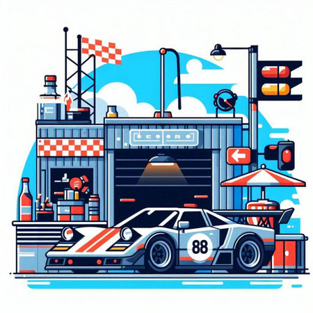 Racing car, race track, vector illustration in flat style.のイラスト素材