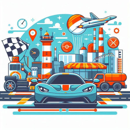 Vector illustration of a modern city with cars, buildings and roads.のイラスト素材