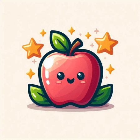 Cute cartoon apple character with stars, vector illustration isolated on white background.のイラスト素材