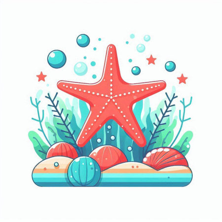 Starfish and seashells on the seashore. Vector illustrationのイラスト素材