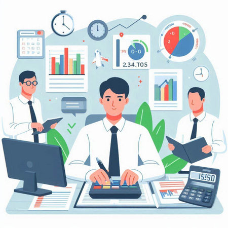 Businessman working in office. Man sitting at desk with laptop, documents, calculator, documents and other items. Vector illustration in flat styleのイラスト素材