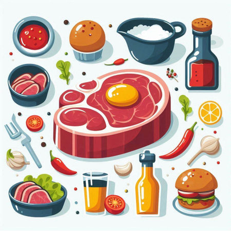 Meat products and ingredients for cooking. Vector illustration in cartoon style.のイラスト素材