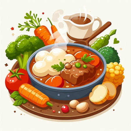 Vector illustration of a bowl of soup with meat, vegetables and mozzarellaのイラスト素材