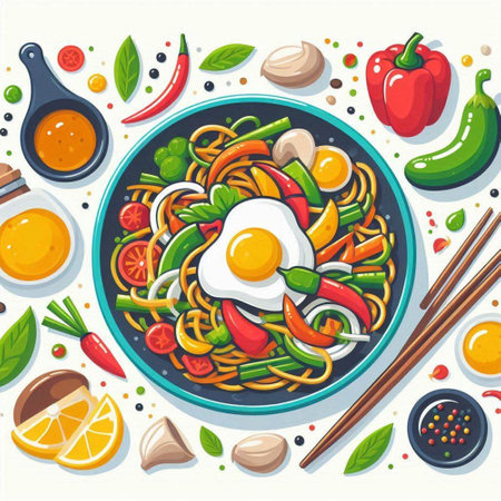 Noodles with egg and vegetables in bowl. Vector illustration.のイラスト素材