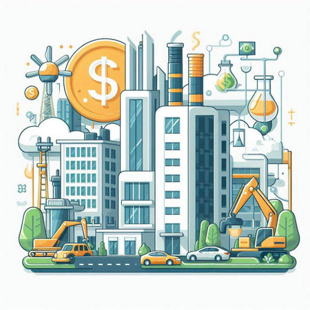 Vector illustration of modern city with buildings and construction equipment. Cityscape.のイラスト素材