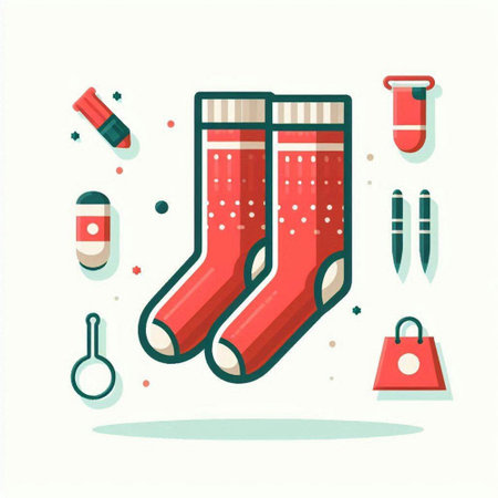 Red socks with different things on a white background. Vector illustration.のイラスト素材