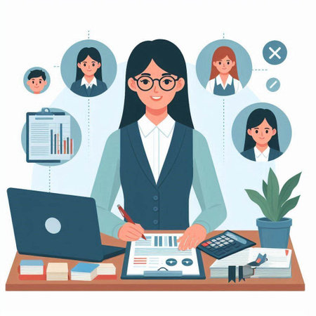 Business woman working at office. Vector illustration in a flat style.のイラスト素材