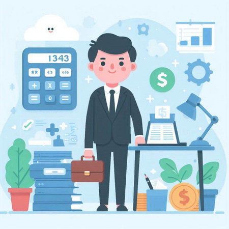 Businessman on the background of the office. Flat design vector illustration.のイラスト素材