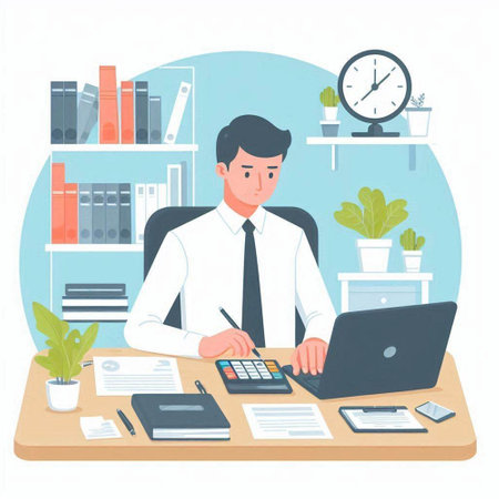 Businessman working at office desk with laptop and calculator. Flat vector illustration.のイラスト素材