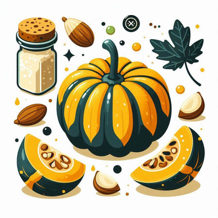 Pumpkin, seeds, nuts, seeds, spices. Vector illustration.のイラスト素材