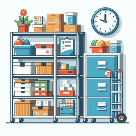 Vector illustration of storage room with boxes and alarm clock. Flat style.のイラスト素材