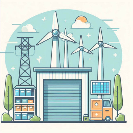 Industrial landscape with windmills and solar panels. Vector illustrationのイラスト素材