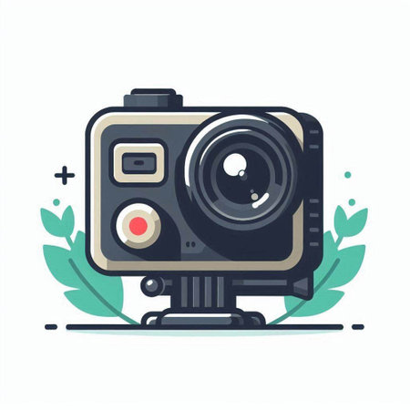 Retro camera with green leaves. Vector illustration in flat style.のイラスト素材