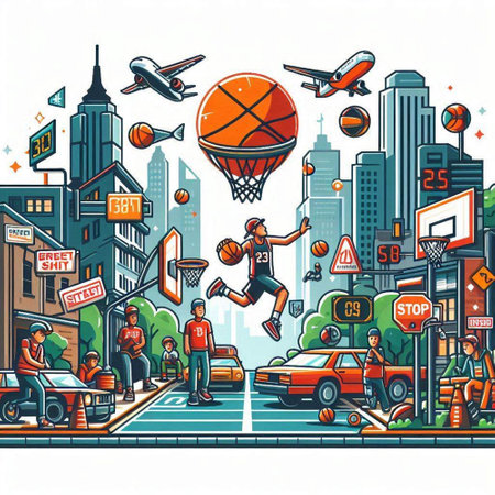 Vector illustration of a basketball player on the street with a basketball ballのイラスト素材