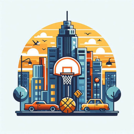 City landscape with buildings, road and basketball ball, vector illustration.のイラスト素材