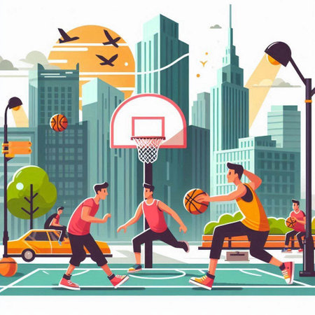 Basketball players in the city street. Vector illustration in flat styleのイラスト素材