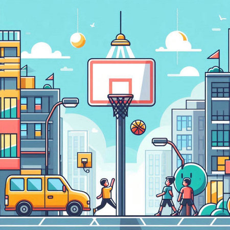 Basketball court and people playing basketball in the city. Vector illustrationのイラスト素材