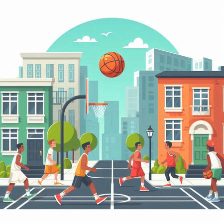 Children playing basketball in the city. Vector illustration in cartoon style.のイラスト素材