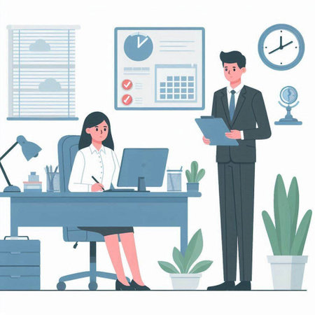Businessman and businesswoman in office. Vector illustration in flat styleのイラスト素材