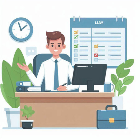 Businessman working at his desk in office. Flat style vector illustration.のイラスト素材