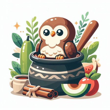 Owl in cauldron with spices. Vector illustration in cartoon styleのイラスト素材