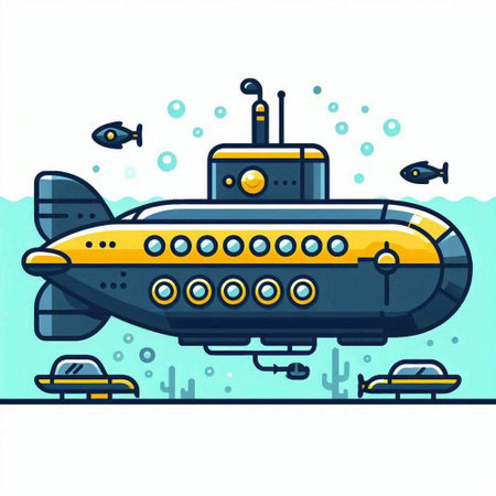 Submarine in the sea. Vector illustration in flat cartoon style.のイラスト素材