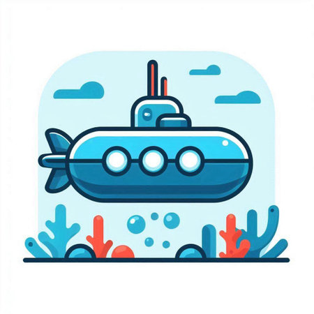 Submarine flat color icon. Submarine in the sea. Vector illustrationのイラスト素材