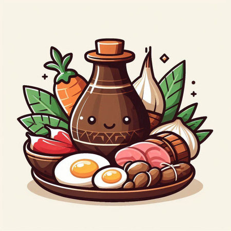 Korean food vector illustration. Sushi, fried eggs, vegetables and soy sauce.のイラスト素材