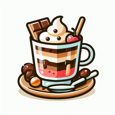 Cup of coffee with whipped cream, chocolate and nuts. Vector illustration.のイラスト素材