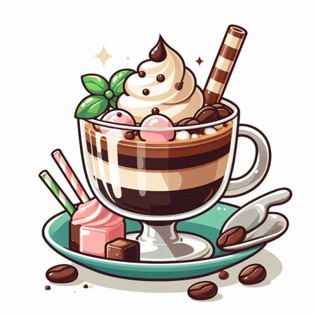 Illustration of a cup of coffee with ice cream and whipped creamのイラスト素材