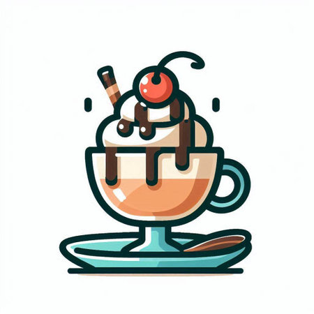 Coffee cup with whipped cream, cherry and ice cream. Vector illustration.のイラスト素材