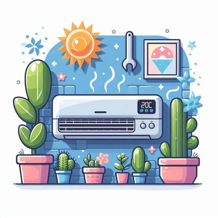 Air conditioner and houseplants. Cartoon style vector illustration.のイラスト素材